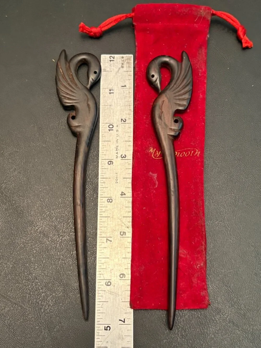 Pair Carved Dark Wood Swan Hair Sticks 7